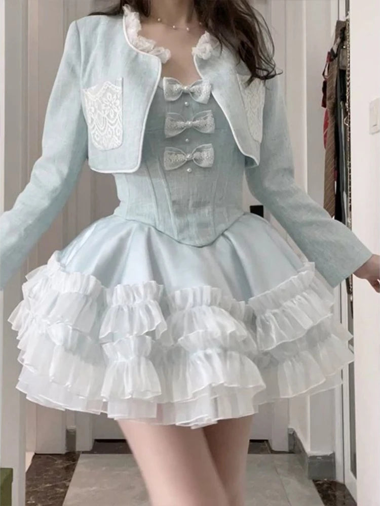 Blue Sweet Kawaii Two Piece Set Women Summer Sexy Elegant Party Mini Dress Suits Female Lolita Cute Dress + Long Sleeve Coat New