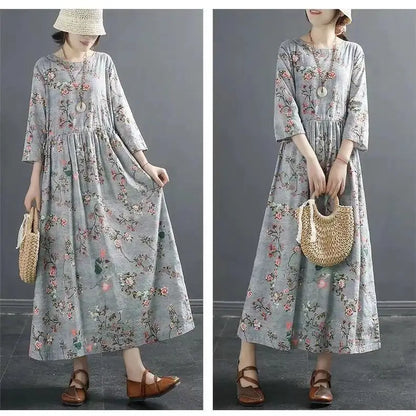 Artistic Retro Cotton and Linen Floral Dress for Women, New Loose Size, Slimming  Chubby, MM Waistb, Large Hem, Summer