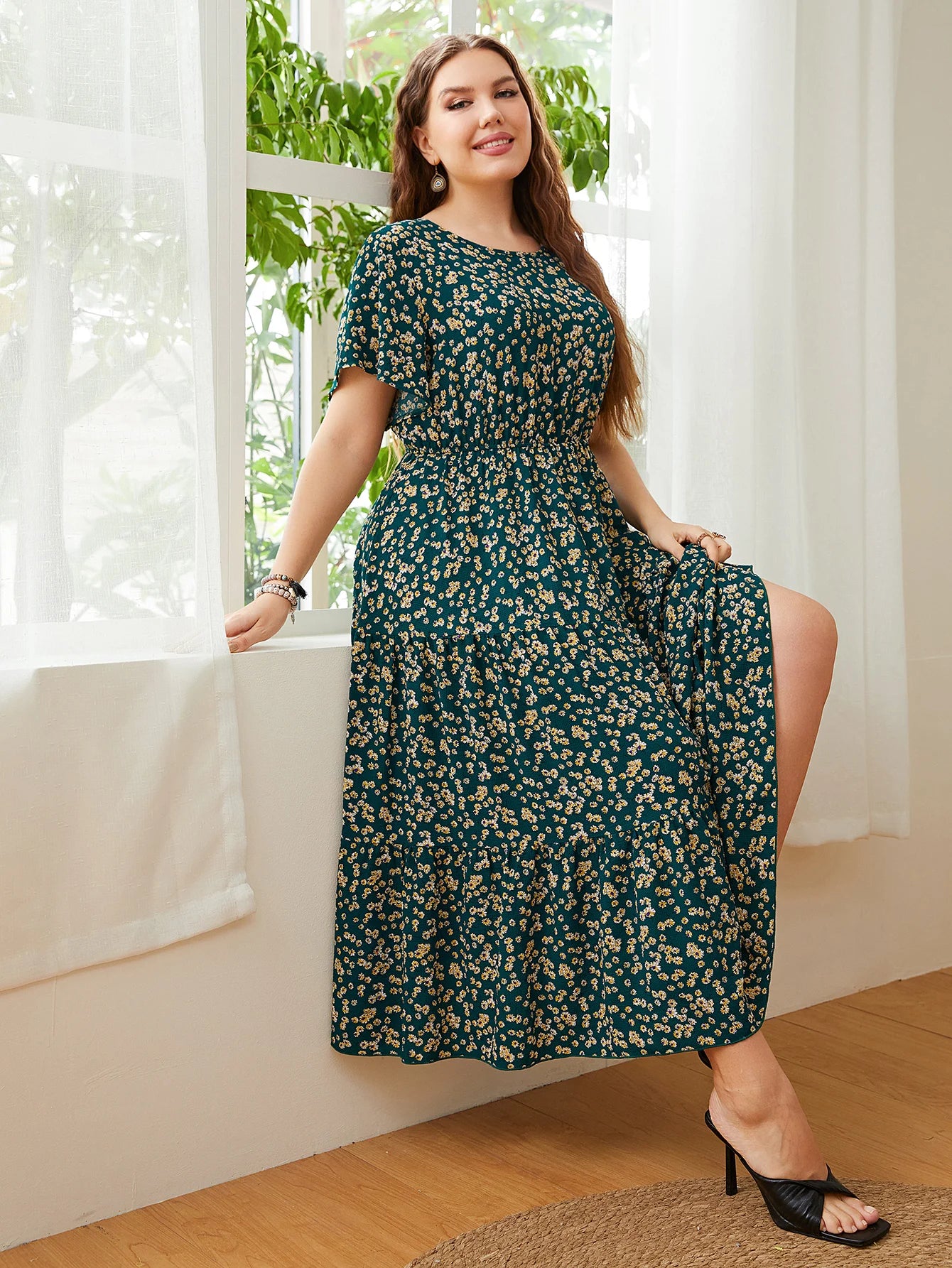 Mode grande taille femmes vêtements robe d'été col rond imprimé fleuri robes mi-longues urbain élégant décontracté dames grande taille robe longue