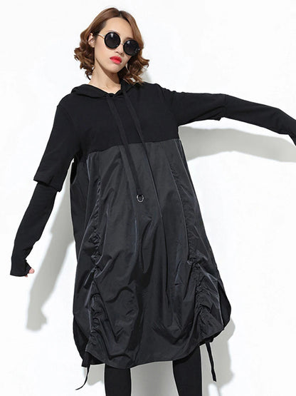 [EAM] femmes noir cordon évider grande taille robe irrégulière nouveau à capuche à manches longues mode marée printemps automne 2024 JD076