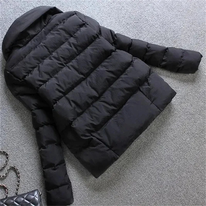 Damen Daunen-Baumwolljacke Winter Kurzmantel Verdicken Oberbekleidung Umlegekragen Zweireihig Warme Oberteile Weibliche Schlanke Baumwolljacke