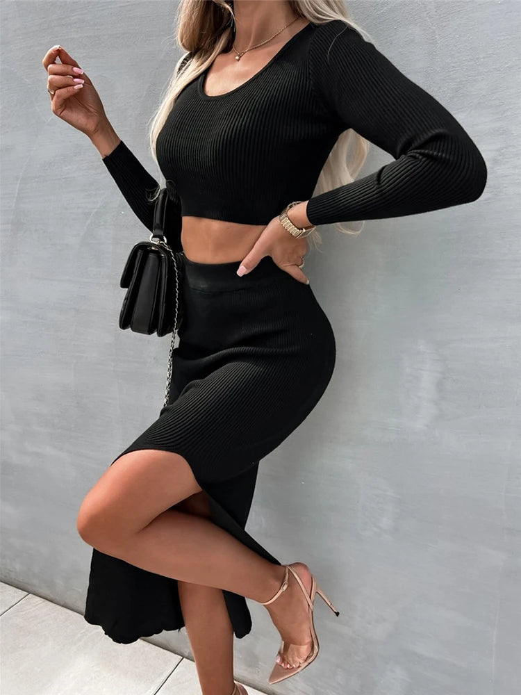 Frühling Zweiteiler Damen Strickpullover Rock Anzug Streetwear Fashion Langarm Sexy Schlank Crop Tops Langer Split Rock Kleid