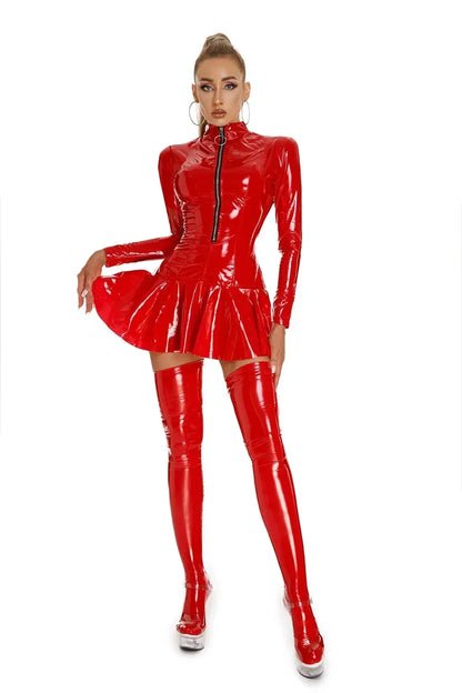 Robe courte Sexy en cuir PVC brillant pour femmes, façonnage érotique, plissée en Latex, fermeture éclair, exposition des seins porno, Mini robe en Latex