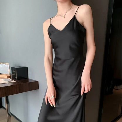 100% Silk 2023 Summer Women's New V-neck Slim Dress Satin Ladies Sexy Suspender Dress Long Dress