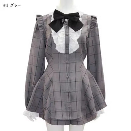 Tenues douces SC costume japonais Mine Plaid chemise à manches longues amour coeur nœud papillon chaîne produit en série robe et jupe-culotte ensemble