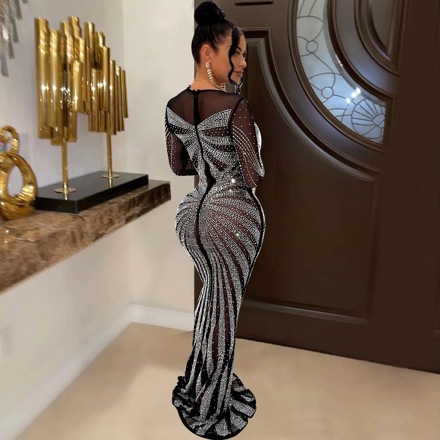 2023 kleidung Sommer Rinestone Sheer Mesh Patchwork Bodycon Midi Meerjungfrau Maxi Kleid Für Frauen Geburtstag Abend Sexy Party Outfit