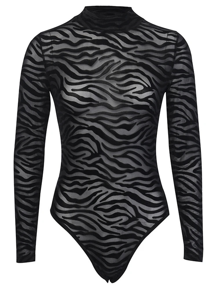 Shestyle Tiger Print Mesh Transparent Body Frauen Schwarz Sexy Mock Neck Taste Langarm Frühling Elastische Punk Körper Schlank