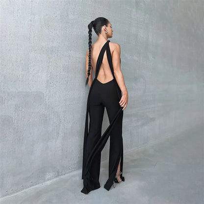 Cryptographic Deep V Wrap Around Halter Sexy Backless Flare Pants Jumpsuits Fashion Outfits for Women One-Piece Rompers Overalls