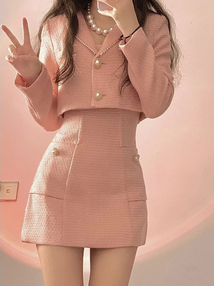 Autumn Pink Elegant Two Piece Set Women Korean Style Balzer Coat+Strap Mini Dress Set Female Solid Casual Slim Designer Set 2024