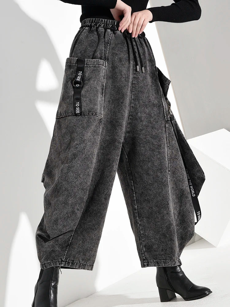 [EAM] High Elastic Waist Pocket Split Long Denim Wide Leg Trousers New Loose Fit Pants Women Fashion Spring Autumn 2024 1D202