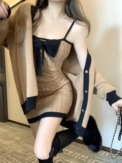 Winter Kawaii Knitted Two Piece Set Women Bow Mini Dress + Sweater Coat Female Korean Fashion Soild Vintage Mini Dress Suit 2023