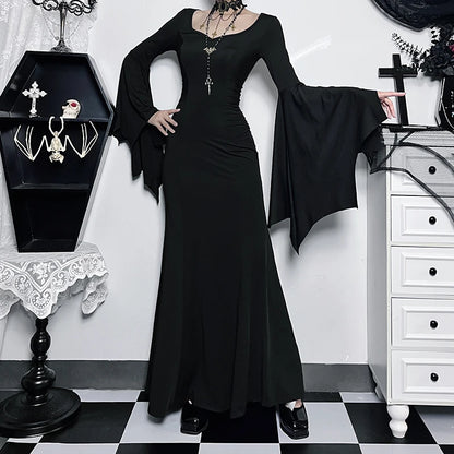 Women's Gothic Addams Family Bat Sleeve Mermaid Dress