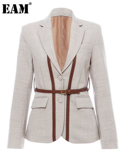 [EAM] Frauen Split Pu Leder Kurze Kurze Blazer Neue Revers Lange Hülse Lose Fit Jacke Mode Flut Frühling herbst 2024 1K458