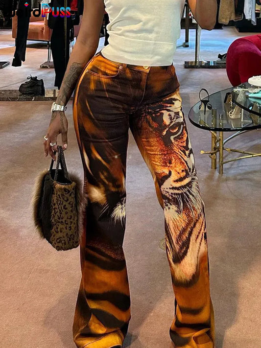 Seltsame Puss Tiger Print Flare Hosen Frauen 2023 Y2K Sommer Trend Dünne Elastische Wilden Casual Streetwear Grundlegende Hohe Taille Hose