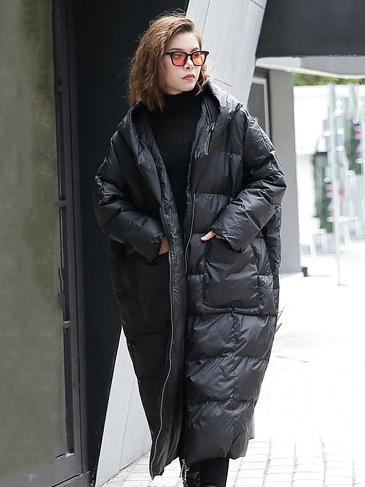 [EAM] Big Size Long Hooded Cotton-padded Coat Long Sleeve Loose Fit Women Parkas Fashion Tide New Autumn Winter 2024 JD1210