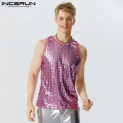 2023 männer Tank Tops Funkelnden Oansatz Ärmellose Streetwear Aushöhlen Westen Sommer Sexy Mode Party Männer Kleidung S-5XL INCERUN