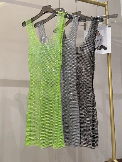 Robe mi-longue Sexy sans manches, squelette à paillettes, strass, filet de pêche, maille transparente, col rond, robe de soirée, nouvelle collection 2023