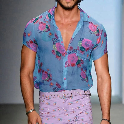 Chemise transparente en dentelle florale pour hommes, Sexy, transparente, décontractée, à manches courtes, pour fête, plage, vacances, 2024