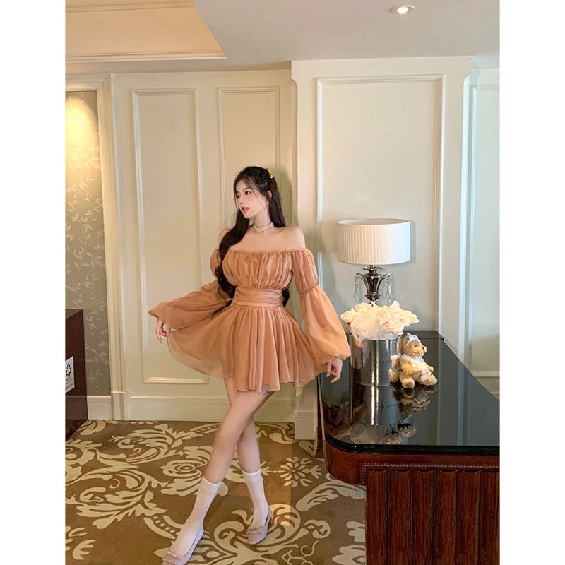 French Sexy Off Shoulder Dress Long Sleeve High Waist Pleated Slim Dress Women 2024 New Gentle Princess Short Dresses