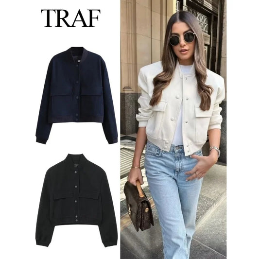 TRAF – veste bombardier Vintage à manches longues pour femmes, manteaux décontractés, couleur unie, Streetwear, élégant, revers, fermeture éclair, printemps, 2023