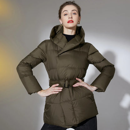 2023 Winter Damen Daunenjacken Ultraleichter warmer Freizeitmantel Damen Pufferjacke mit Gürtel Übergröße Parka mit Kapuze