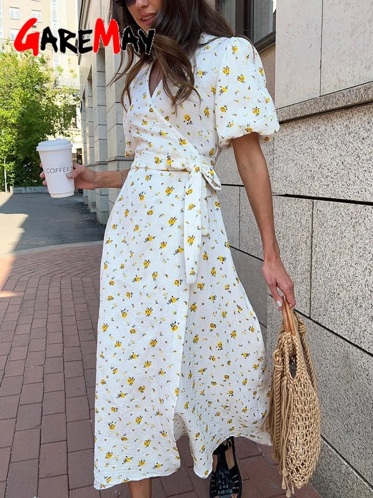 Robes d'été décontractées pour femmes, 100% coton, imprimé Floral, ligne a, robe mi-longue avec fentes latérales, longue robe blanche élégante pour femmes, 2024