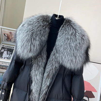 2024 neue Winter Frauen Warme Mantel 90% Gans Unten Jacke Lange Echt Fox Pelz Kragen Dicken Luxus Oberbekleidung Weiblichen Mantel streetwear