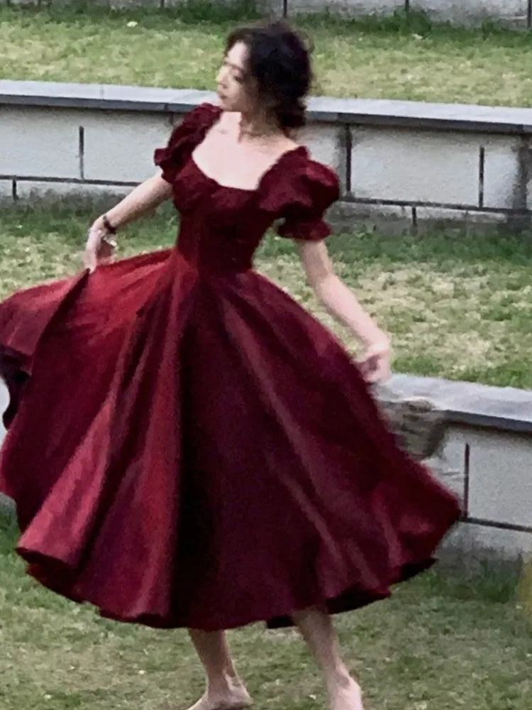 Robe de soirée française Vintage bordeaux pour femmes, tenue de bal élégante et romantique, ligne a coréenne, robes de remise de diplôme, été, 2023