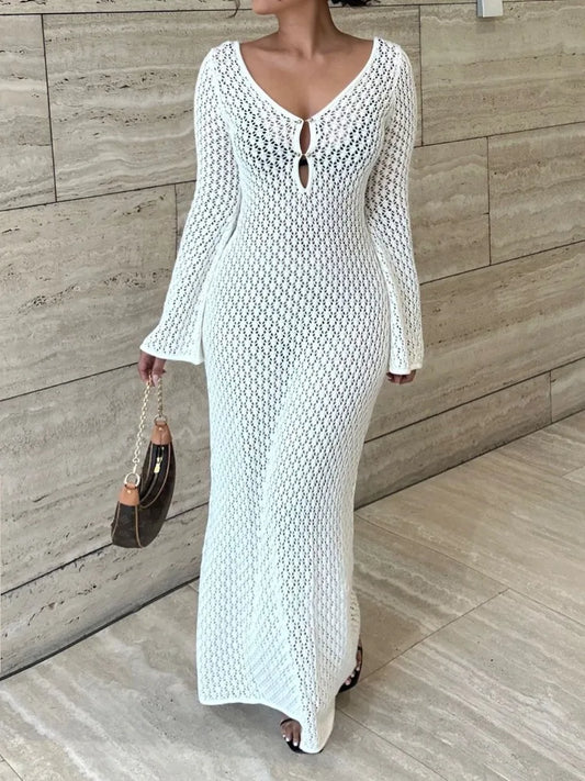 Tossy blanc tricot mode couvrir robe Maxi femme transparent col en v évider plage vacances robe tricots dos nu robe