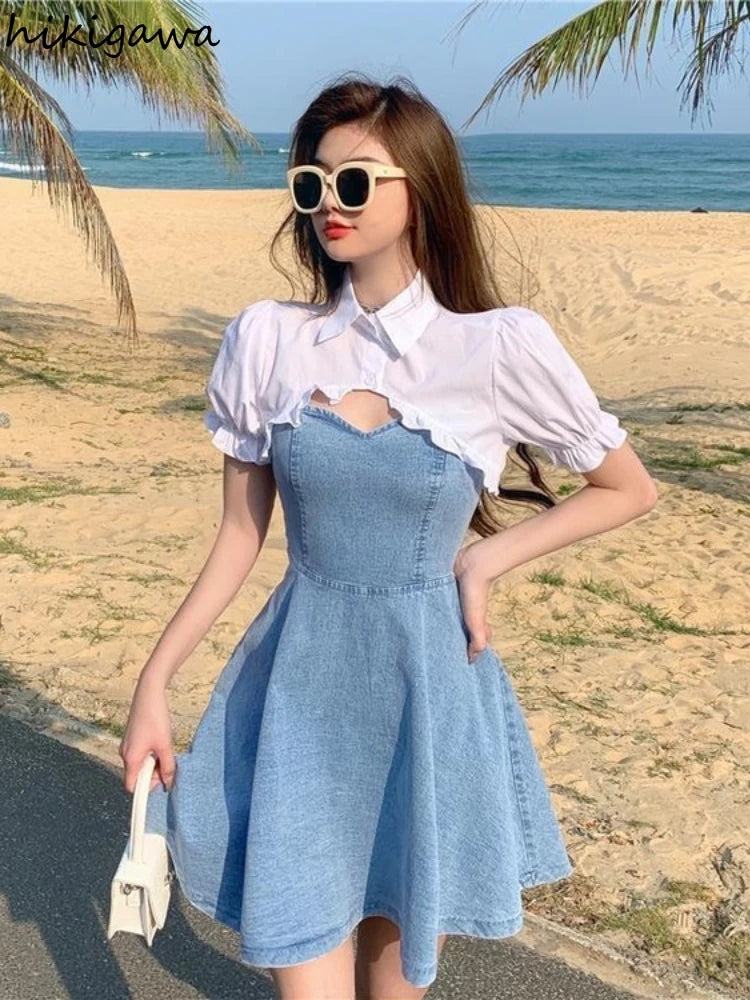 Sommerkleid Anzug Mode Zweiteiler Set für Frauen Süße Rüschen Weiß Crop Tops Schlanke Denim Sling Kleid Sets Koreanische Y2k Kleidung