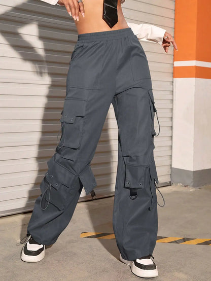 Y2k 2023 High Street Trend Hip Pop Flap Pocket Side Solid Color Elastic Waist Loose Straight Cargo Pants Streetwear