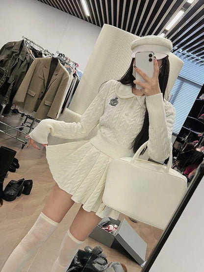 Costume tricoté Style Preppy pour femme, vêtement Slim Kawaii, haut décontracté, Mini jupe Y2k, ensemble 2 pièces, à la mode, automne 2023