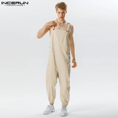 2023 männer Overalls Faux Leder Solide Ärmellose Streetwear Hosenträger Strampler Taschen Lose Mode Lässig Männlich Overalls INCERUN