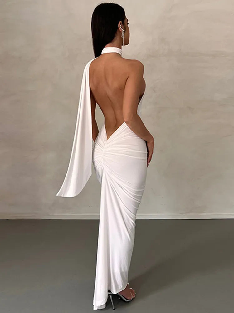 Hugcitar Halter One Shoulder Backless Solid Draped Elegant Sexy Maxi Prom Dress 2023 Summer Women Slim Outfit Birthday Party Y2K