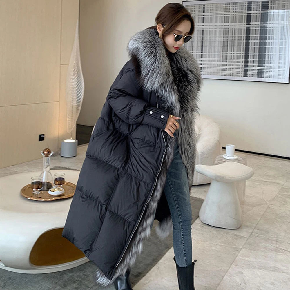 FURYOUME Winter Long Goose Down Coat Women Parka Fashion Thicken Warm Down Jacket with Large Real Fox Fur Collar Female Overcoat