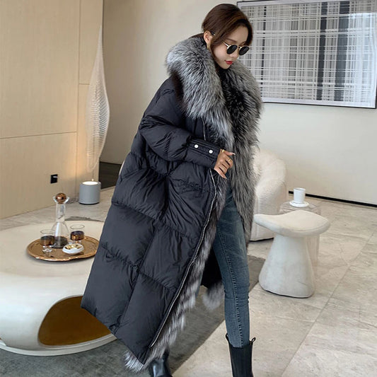 FURYOUME hiver Long manteau en duvet d'oie femmes Parka mode épaissir chaud doudoune avec grand véritable col de fourrure de renard femme pardessus