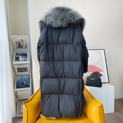 2024 neue Winter Frauen Warme Mantel 90% Gans Unten Jacke Lange Echt Fox Pelz Kragen Dicken Luxus Oberbekleidung Weiblichen Mantel streetwear