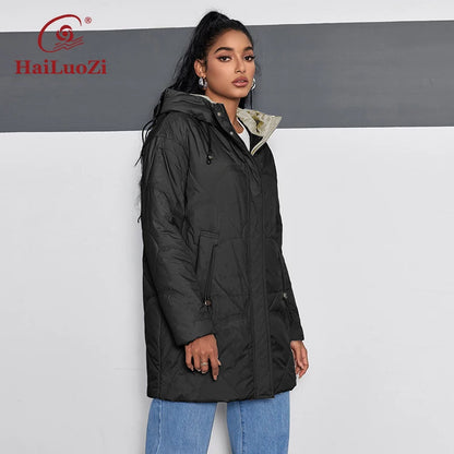 HaiLuoZi 2024 Neue Frühjahr frauen Mantel Mid-Lange Dünne Baumwolle Schlank Parkas Schräg Taschen Mit Kapuze Zipper Stil Frauen Jacke 12113