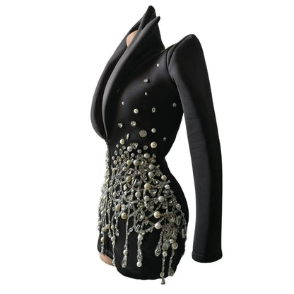 Costumes Slim pour femmes, paillettes, perles, cristaux argentés, décolleté en v profond, Costumes de discothèque Drag Queen, robe courte de fête d'anniversaire