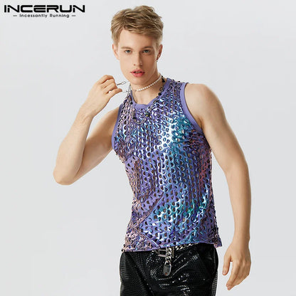 2023 männer Tank Tops Funkelnden Oansatz Ärmellose Streetwear Aushöhlen Westen Sommer Sexy Mode Party Männer Kleidung S-5XL INCERUN