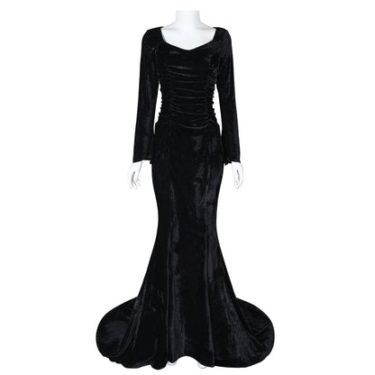 Disfraz de Cosplay de Morticia pour femmes, robe noire Sexy ajustée, robe de nuit de fête pour Halloween et Carnaval Cos