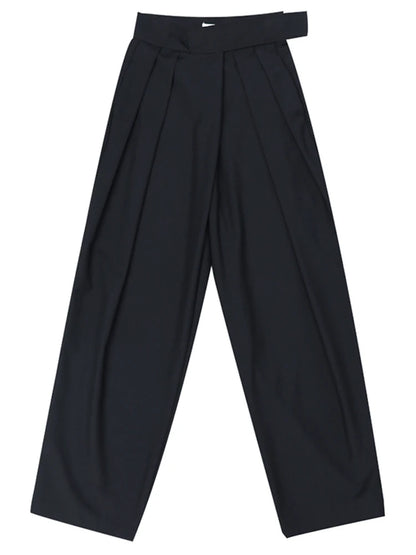 [EAM] taille haute noir bref plissé longue jambe large pantalon nouveau pantalon coupe ample femmes mode marée printemps automne 2024 1S399