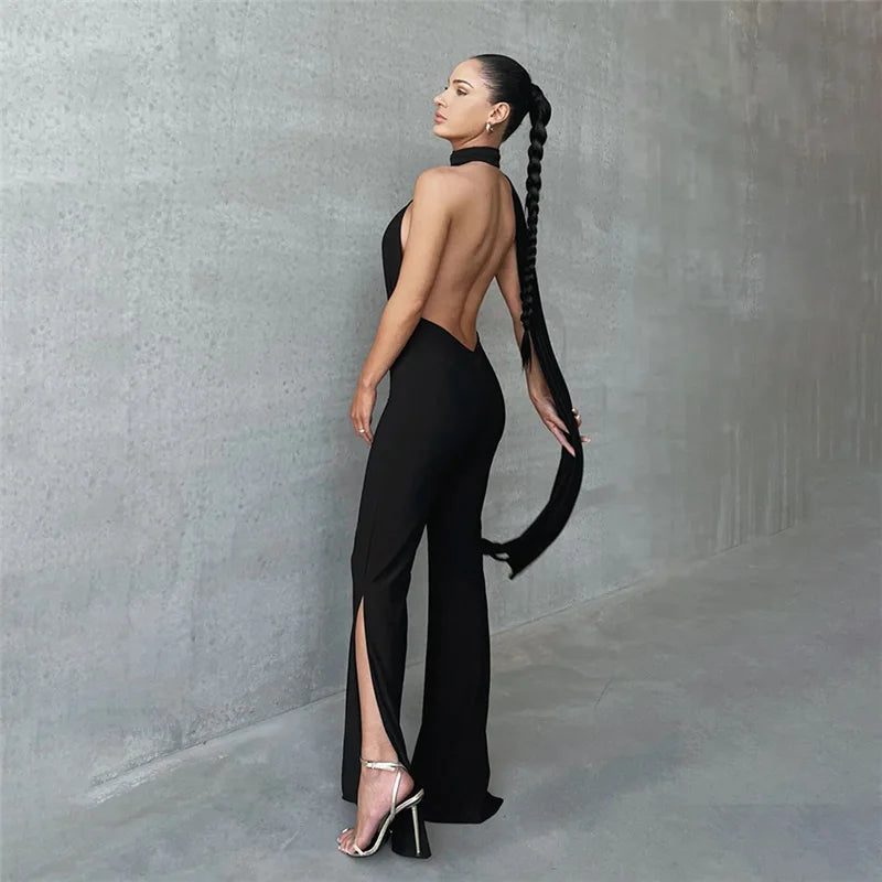 Cryptographic Deep V Wrap Around Halter Sexy Backless Flare Pants Jumpsuits Fashion Outfits for Women One-Piece Rompers Overalls