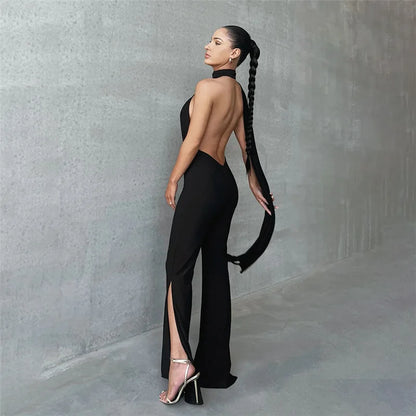 Cryptographic Deep V Wrap Around Halter Sexy Backless Flare Pants Jumpsuits Fashion Outfits for Women One-Piece Rompers Overalls