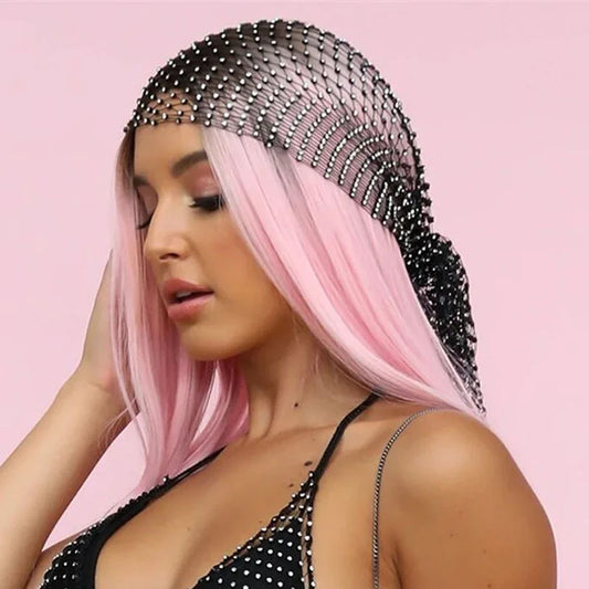 Akyzo Fishnet Plaid Bling Rhinestone Women Head Scarf Hollow Out Patchwork Glitter Crystal Trendy Wild Headband Turban Hair Hat