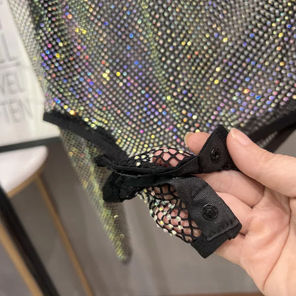 Body en résille transparent avec strass brillant pour femme, body Sexy en maille à la mode