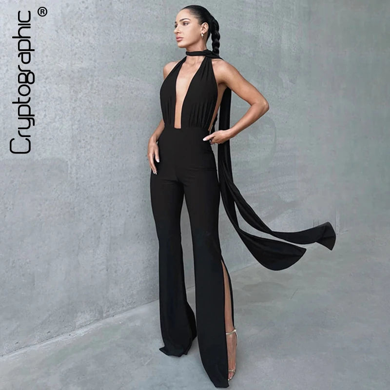 Cryptographic Deep V Wrap Around Halter Sexy Backless Flare Pants Jumpsuits Fashion Outfits for Women One-Piece Rompers Overalls