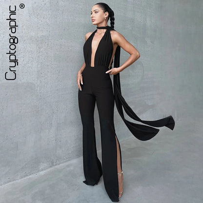 Cryptographic Deep V Wrap Around Halter Sexy Backless Flare Pants Jumpsuits Fashion Outfits for Women One-Piece Rompers Overalls