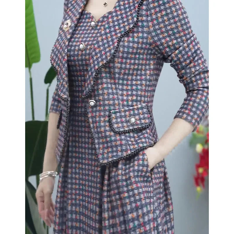 Robe imprimée décontractée, ensemble 2 pièces pour femmes, manteau Blazer court + robe sans manches à col rond, tenues de bureau, costumes coréens de grande taille