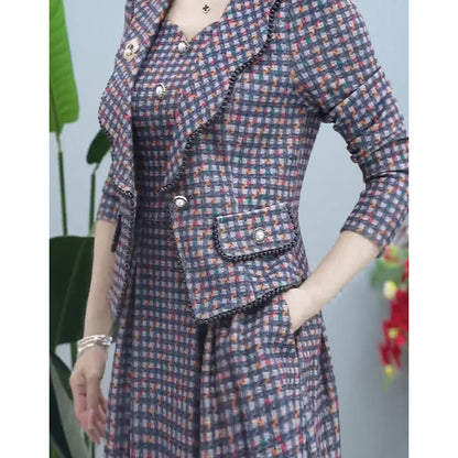 Robe imprimée décontractée, ensemble 2 pièces pour femmes, manteau Blazer court + robe sans manches à col rond, tenues de bureau, costumes coréens de grande taille